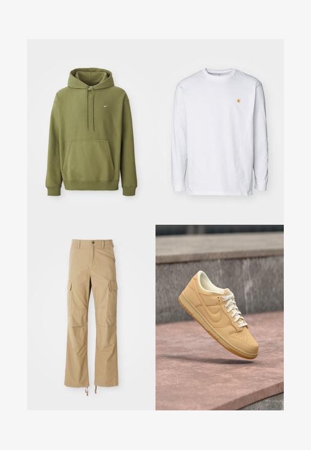 Sudadera verde oliva con bolsillo frontal, capucha ajustable con cordón, puños y dobladillo acanalados, y pequeño logo de Nike en blanco en el pecho.; Camiseta de manga larga blanca de algodón. Cuenta con un pequeño logo dorado en el pecho y un cuello redondo. Diseño simple y corte estándar.; Pantalones cargo caqui hechos de un tejido duradero, con múltiples bolsillos laterales, un diseño de pierna recta y cuerdas ajustables en el dobladillo.; Zapatilla Nike baja en color beige con cordones blancos y suela de goma flotando sobre una superficie de piedra y un fondo de hormigón.