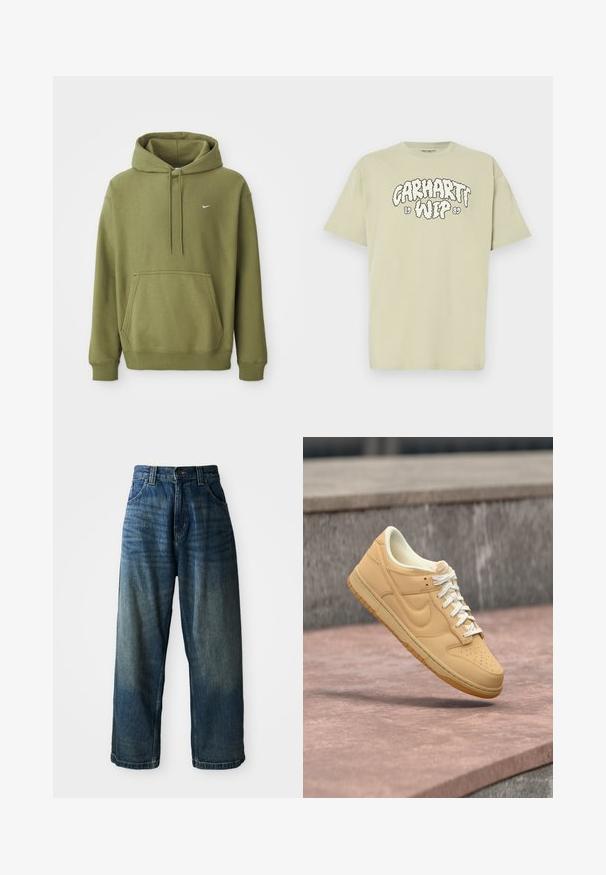 Olivovo zelená mikina s kapucňou, predné vrecko, nastaviteľná kapucňa so šnúrkou, pružné manžety, spodný lem a malý biely Nike swoosh na hrudi.; Svetlozelené bavlnené tričko s voľným oversized strihom, zdobené čiernou potlačou v štýle oblaku s nápisom "Carhartt WIP 1989" na prednej strane. Krátke rukávy, okrúhly výstrih.; Džínsové nohavice s širokými nohavicami v modrej farbe so zosvetleným povrchom. Obsahujú päť vreciek, zapínanie na gombík a kontrastné prešívanie. Tkanina je ťažká.; Béžová nízka teniska Nike s bielymi šnúrkami a gumovou podrážkou vznášajúca sa nad kamenným povrchom a betónovým pozadím.