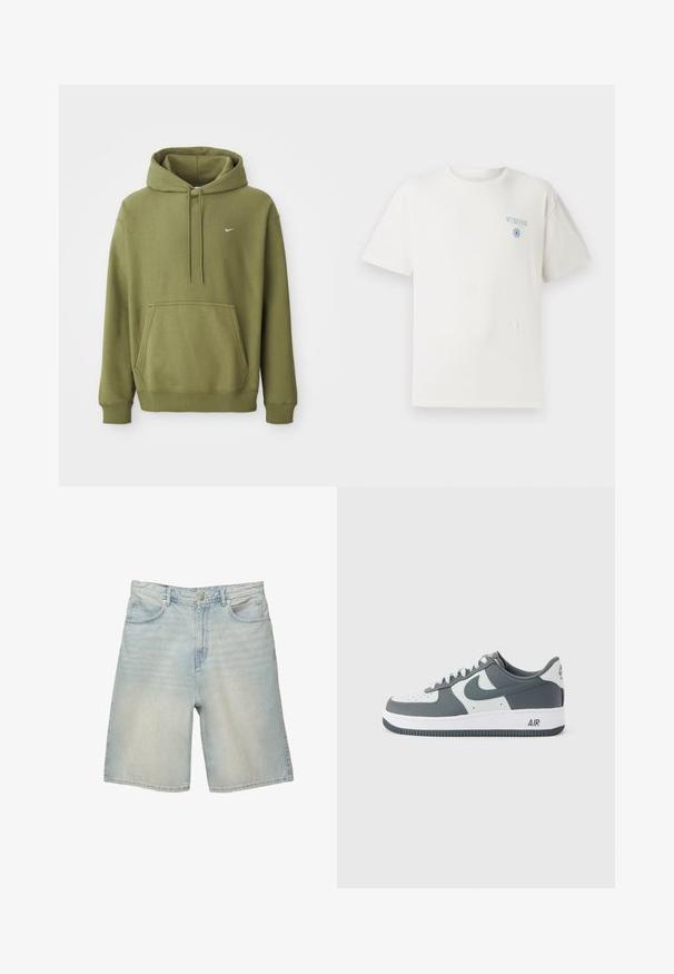 Oliivivihreä huppari, jossa on etu-tasku, säädettävä naruhuppu, ribatut hihansuut ja helma, sekä pieni valkoinen Nike-swoosh rinnassa.; Valkoinen puuvillapaita, jossa on pyöreä kaula-aukko, lyhyet hihat ja vasemmassa rinnassa sininen "MYKONOS" -grafiikka, jossa on ympyrämäinen muotoiluelementti.; Vaaleansiniset farkkushortsit, joissa on rento malli. Niissä on viisi taskua, vyölenkit ja haalistunut pesu, jossa on hienovaraisia kulumistarkkuuksia.; Matalavartinen Nike Air Force 1 -tossu valkoisena ja tummanharmaana, valkoisilla nauhoilla, näkyvillä pohjan kuvioinneilla ja Nike Swoosh -logolla sivussa.