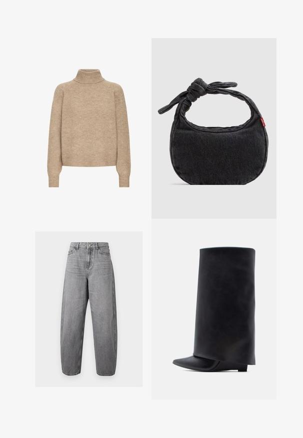 Pull en beige col roulé en maille douce. Présente des manches raglan, un col et des poignets côtelés avec une coupe décontractée.; Jean en denim gris à taille haute et coupe ample, avec bouton à l'avant, fermeture éclair, passants de ceinture et design à cinq poches.; Bottines en cuir noir avec une tige haute cylindrique, un bout pointu et un talon plat bas, présentant une texture lisse et un design minimaliste.; Petit sac d'épaule en denim noir avec une sangle nouée et une fermeture éclair, arborant une étiquette en tissu rouge Levi's sur le côté.
