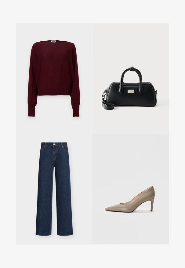 Bourgognefarvet langærmet sweater lavet af blødt materiale, med bred hals, ribstrikkede manchetter og en kortet kant. Sømløs design, ensfarvet tekstur.; Mørkeblå straight-leg denim jeans med forlommer, bæltestropper, knaplukning og synlige syningsdetaljer.; Beige læder højhælede sko med spids tå og en slank 7 cm hæl. Glat overflade og minimalisk design uden synlige udsmykninger.; Sort rektangulær læderhåndtaske med to håndtag, aftagelig skulderrem og lille sølvfarvet brandlogo-plakette foran.
