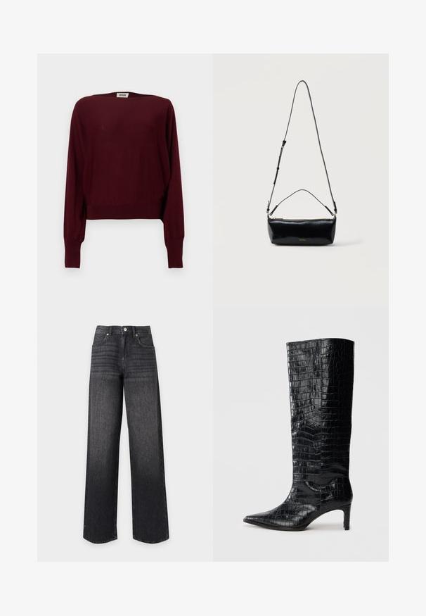 Bourgognefarvet langærmet sweater lavet af blødt materiale, med bred hals, ribstrikkede manchetter og en kortet kant. Sømløs design, ensfarvet tekstur.; Sort højtaljede jeans i straight-leg denim med forlommer, bæltestropper, knap og lynlås på hvid baggrund.; Sorte knæhøje støvler med en blank, krokodillemønstret tekstur, spids tå og en affaset hæl. Glat syntetisk materiale.; Sort rektangulær læder crossbody-taske med justerbar skulderrem, top lynlås og lille gyldent Calvin Klein-logo foran.