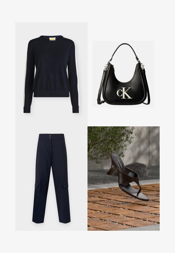 Pull noir à manches longues avec des bandes blanches le long des manches et un col rond.; Pantalons cargo de la marine, fabriqués en matériau tissé, comprenant deux poches latérales, une fermeture à bouton et un design à jambe droite.; Sandale à talon marron Calvin Klein suspendue au-dessus d'un sol extérieur en dalles de bois et gravier avec un arrière-plan flou de verdure et de pierres.; Sac à main en cuir noir avec logo argenté "cK" sur le devant, avec une poignée courte et une bandoulière ajustable plus longue.