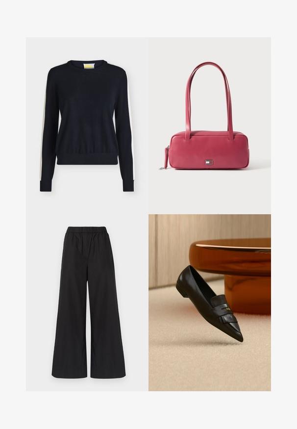 Pull noir à manches longues avec des bandes blanches le long des manches et un col rond.; Pantalons larges noirs en tissu léger, dotés d'une taille élastique et d'une coupe droite, sans poches visibles ni motifs.; Mocassin en cuir noir à bout pointu avec détail de franges, positionné sur un tapis beige près d'une table ronde en verre orange.; Sac à main en cuir rose de forme rectangulaire, avec deux anses et un petit emblème en métal sur le devant, présentant une texture lisse et brillante.
