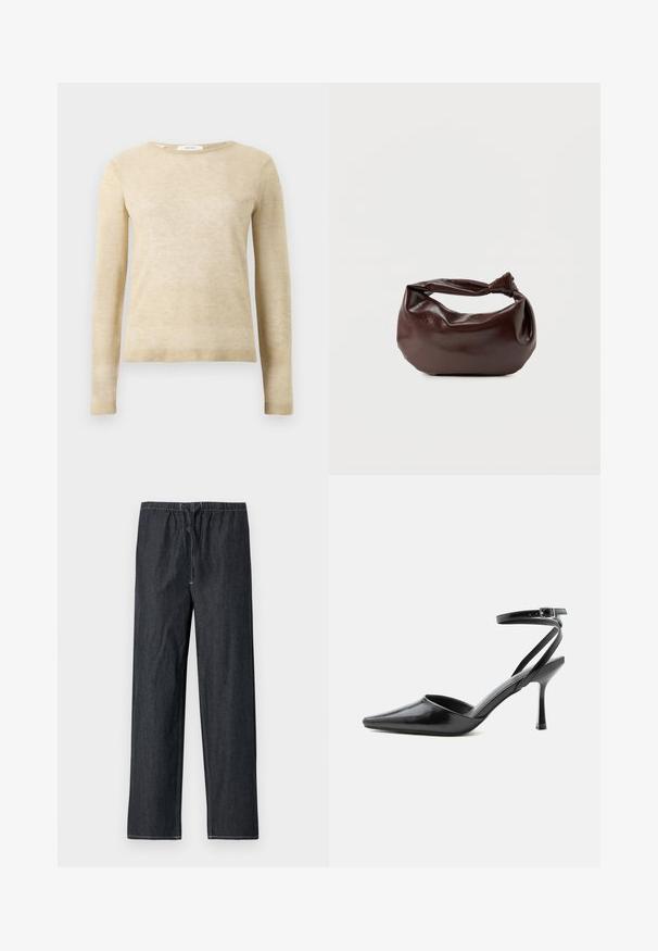 Beige langærmet sweater med rund hals, ribbede manchetter og kant, lavet af blødt strikket stof, præsenteret på hvid baggrund.; Mørk denimbukser med elastisk taljebånd og snøre, med lige ben og kontrasterende syningsdetaljer.; Sort spids højhælet sko med tynde ankelremme og sølvspænde på en ensfarvet lys baggrund.; Mørkebrun læder skuldertaske med en blød, afslappet form og et snoet knudehåndtag på en ensartet hvid baggrund.