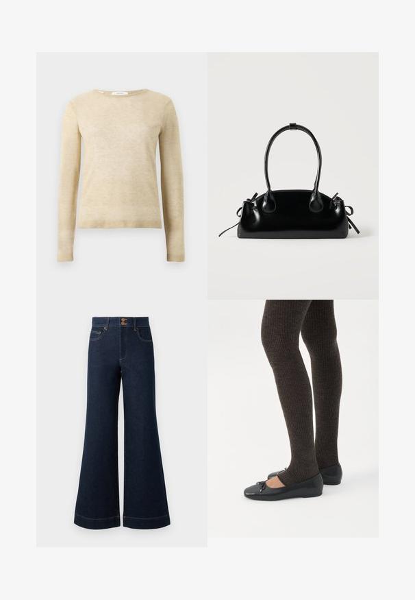 Beige langærmet sweater med rund hals, ribbede manchetter og kant, lavet af blødt strikket stof, præsenteret på hvid baggrund.; Mørkeblå denim jeans med bred flare, høj talje, forlommer og kontrastfarvet guldtråd. Har dobbelt knaplukning.; Ben iført mørke ribbede leggings kombineret med sorte balletsko med små sløjfedetaljer på hvid baggrund.; Lille sort blank håndtaske med to lange håndtag og snøre-detaljer i siden på en ensfarvet lys baggrund.