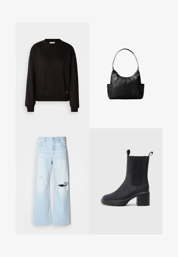 Zwarte sweatshirt gemaakt van zachte stof met een ronde hals, lange mouwen en ribgebreide boorden. Bevat een klein logotag aan de zoom.; Lichtblauwe wijde jeans van denim, met een hoge taille, grote scheuren bij de knieën en een klassieke vijf-pocket stijl met koperen details.; Zwarte enkellaars met een gladde rubberen materiaal, elastische zijkanten, blokhak en instaplipjes aan de bovenkant voor makkelijk aan- en uittrekken.; Zwarte leren schoudertas met een enkele schouderband, zijvakken en een subtiel ingebosst Calvin Klein-logo rechtsonder aan de voorkant.