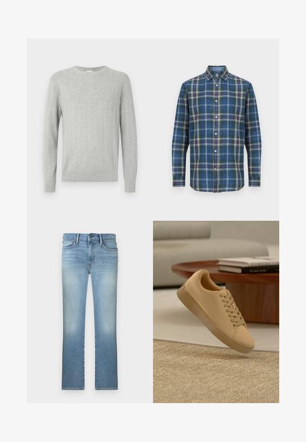 Pull tricoté gris clair avec texture côtelée, col ras du cou et manches longues. Design simple, avec ourlet droit et matériau durable.; Chemise pour homme à manches longues, boutonnée, avec motif à carreaux verts, bleus, gris et orange, et col pointu.; Jean bleu clair à jambe droite avec des détails délavés, fermeture à boutons et fermeture éclair à l'avant, passants pour ceinture, poches avant et arrière.; Baskets beiges à lacets flottant au-dessus d'un tapis texturé avec une table basse en bois et des livres empilés en arrière-plan flou.