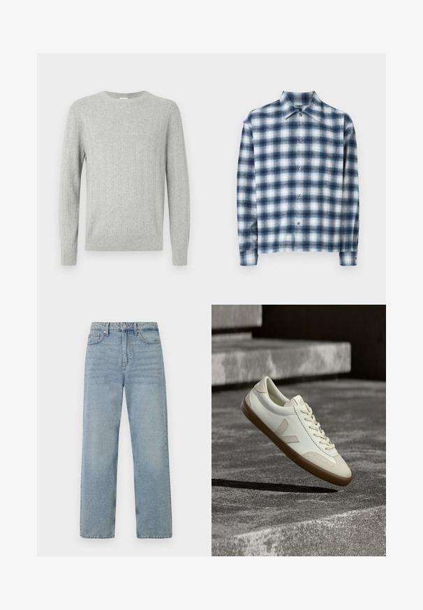 Lys grå strikket sweater med ribbet tekstur, rund halsudskæring og lange ærmer. Enkel design med lige kant og holdbart materiale.; Skjorte med knapper i blå og hvid skotterrude mønster, lavet af blødt stof. Har krave med spidser og knaplukning foran med lange ærmer.; Lys blå denim jeans med høj talje, lige ben-design, fem-lommes styling og subtil falming for et slidt udseende.; Hvide læder sneakers med tanfarvet gummisål, flade snørebånd og V-formet detalje på siden. Har en glat overflade og minimale syninger.