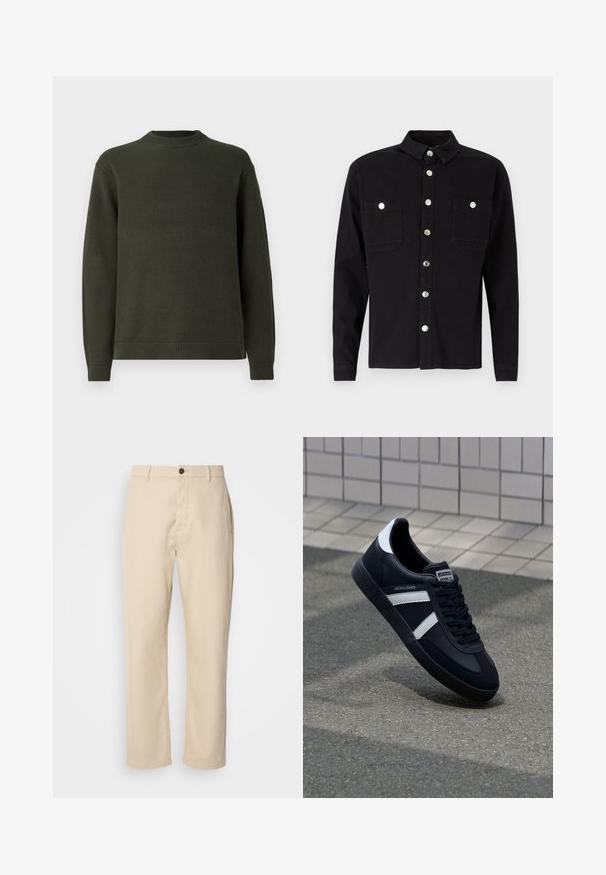 Mørkegrøn strikket sweater med lange ærmer, ribbet rund hals, manchetter og kant, præsenteret på en lys hvid baggrund.; Denim Project DPMDPLOOSE OVERSIZED DENIM SHIRT - Skjorter - black washed; Beige bomuldsbukser med lige ben, en frontknaplukning, sidelommer og en glat tekstur. Minimalistisk design, ingen synlige mønstre.; Sort lædersneaker med hvide striber, tekstureret gummisål og snørrebånd foran. Har et brandet mærke på tungen.