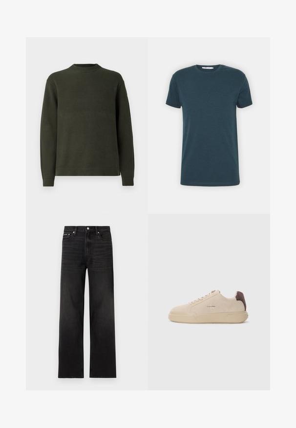 Mørkegrøn strikket sweater med lange ærmer, ribbet rund hals, manchetter og kant, præsenteret på en lys hvid baggrund.; Mørkegrøn kortærmet t-shirt lavet af bomuld med en klassisk rundt halsudskæring, der har en glat tekstur og ingen synlige mønstre eller accenter.; Sorte jeans med lige ben, fem-lomme design, bæltestropper og knaplukning, vist på en hvid baggrund.; Beige ruskind sneakers med rund tå, snørret foran og en brun ruskindsdetalje på hælen. Har en tekstureret gummisål.