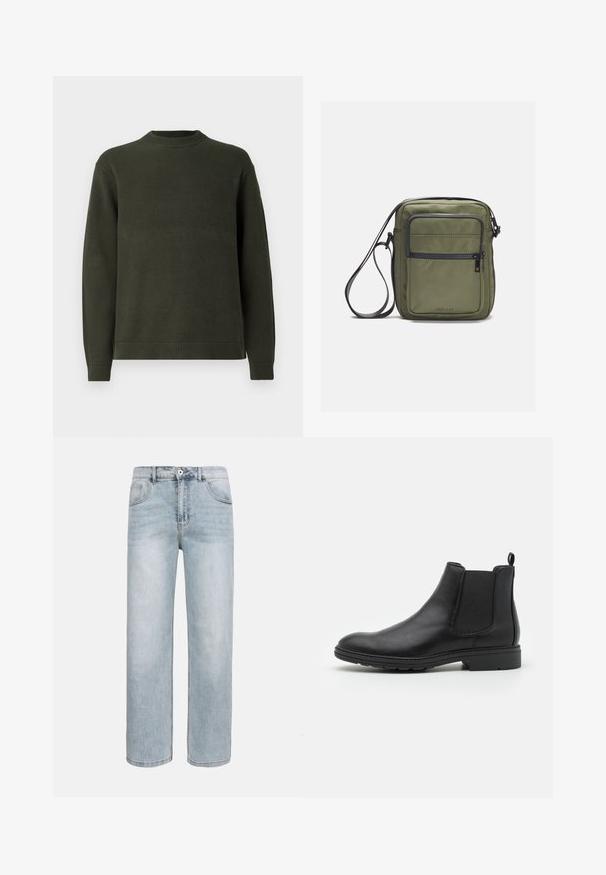 Pull en tricot à manches longues de couleur vert foncé avec un col rond côtelé, des poignets et un ourlet, présenté sur un fond blanc uni.; Jean bleu clair à jambes droites avec poches avant, fermeture par bouton et légère décoloration sur les cuisses et les genoux.; Bottines Chelsea en cuir noir avec des panneaux élastiques sur les côtés et une languette, présentant un bout arrondi et une semelle en caoutchouc texturée.; Sac en bandoulière vert olive avec une texture lisse, doté d'une poche zippée à l'avant et d'une sangle réglable. Fabriqué en matériau nylon durable.