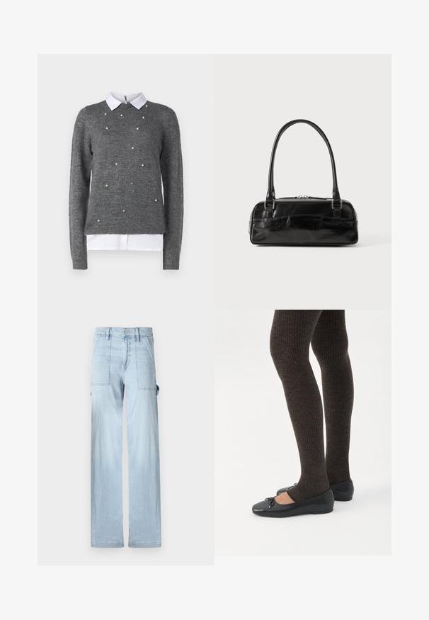 Grå sweater med rund halsudskæring, lange ærmer og hvid kraver undertrøje. Dekoreret med spredte perle-lignende detaljer. Blød tekstur.; Lyseblå denim cargo bukser med et lige ben-design, forlommer og sidelommer. Stoffet har en subtil falmet tekstur.; Ben iført mørke ribbede leggings kombineret med sorte balletsko med små sløjfedetaljer på hvid baggrund.; Sort læderhåndtaske med rektangulær form, der har et enkelt struktureret håndtag, sølvhardware og lynlås-lukning. Glat tekstur.