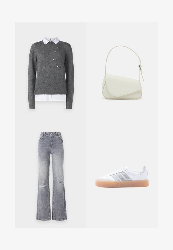 Grauer Pullover mit Rundhalsausschnitt, langen Ärmeln und weißem, kragenähnlichem Unterhemd. Verziert mit verstreuten, perlenähnlichen Akzenten. Weiche Textur.; Hoch taillierte graue Denim-Jeans mit ausgestelltem Bein, versehen mit distressed Knie-Details, einem klassischen Fünf-Taschen-Design und tonalem Nähen.; Weißer Sneaker in niedrigem Schnitt mit brauner Sohle, seitlichen silbernen Streifenakzenten und Schnürverschluss, dargestellt vor hellem einfarbigem Hintergrund.; Weiße Kunstleder-Handtasche mit einer strukturierten dreieckigen Form, einem verstellbaren Einzelgurt und einem Klappenverschluss mit geschwungenen Akzenten.