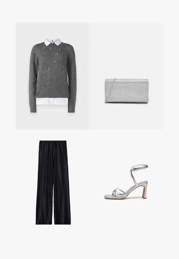 Grijze sweater met een ronde halslijn, lange mouwen en een wit overhemd met kraag eronder. Versierd met verspreide parelachtige accenten. Zachte textuur.; Zwarte plissé wijde broek gemaakt van een textuurstof met een verticale zigzagpatroon en een elastische tailleband voor een comfortabele pasvorm.; Zilveren hoge hakken sandalen met een vierkante teen, dunne enkelband en vampbanden. Gladde metallic afwerking met een blokhak van 7,5 cm.; Zilveren metallic clutch met een geweven gaasontwerp, rechthoekige vorm en een kettingriem om mee te dragen. Gladde textuur en gepolijste afwerking.