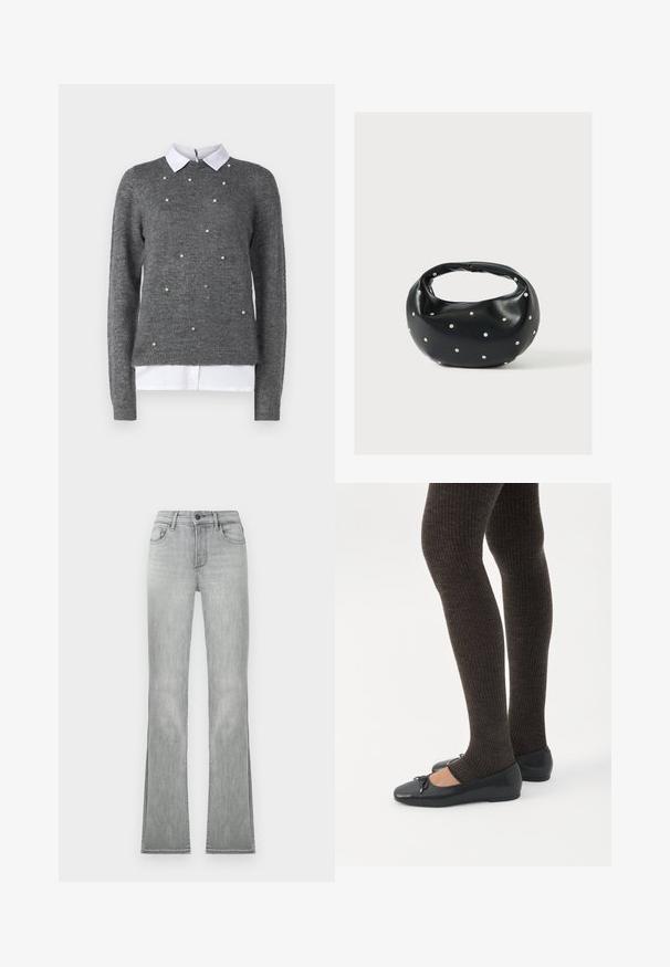 Grijze sweater met een ronde halslijn, lange mouwen en een wit overhemd met kraag eronder. Versierd met verspreide parelachtige accenten. Zachte textuur.; Lichtgrijze flared jeans met een gladde denimtextuur, voorzien van voorzakken en een knoopsluiting. De zoom heeft zijslits voor extra detail.; Benen met donkere geribbelde leggings gecombineerd met zwarte ballerina's met kleine strikdetails op een witte achtergrond.; Zwarte leren handtas met een afgeronde vorm, versierd met zilveren studs, en een korte handgreep. Gladde textuur en ritsluiting.