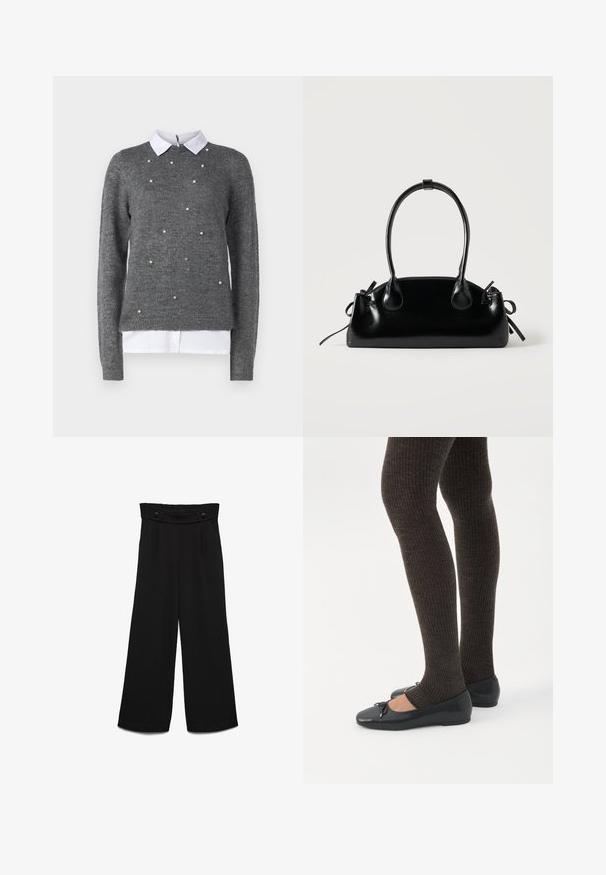Grå sweater med rund halsudskæring, lange ærmer og hvid kraver undertrøje. Dekoreret med spredte perle-lignende detaljer. Blød tekstur.; Sorte bukser med vide ben og høj talje, der har to forreste knapper og en glat tekstur. Lige snit med presninger foran.; Ben iført mørke ribbede leggings kombineret med sorte balletsko med små sløjfedetaljer på hvid baggrund.; Lille sort blank håndtaske med to lange håndtag og snøre-detaljer i siden på en ensfarvet lys baggrund.