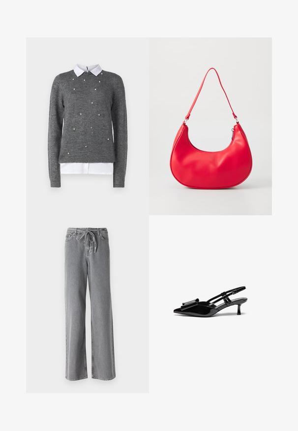 Suéter gris con un cuello redondo, mangas largas y una camisa blanca con cuello debajo. Decorado con acentos dispersos similares a perlas. Textura suave.; Jeans anchos grises de mezclilla, con una cinturilla de cordón y dos bolsillos delanteros. La textura es suave, con un acabado ligeramente descolorido.; Zapatos de tacón slingback de charol negro con punta afilada, detalle de lazo en el frente y un pequeño tacón de aguja. Las correas tienen hebillas ajustables.; Bolso de hombro de piel sintética roja con forma curvada, correa delgada y cierre de cremallera. Textura suave con detalles de costura visibles.