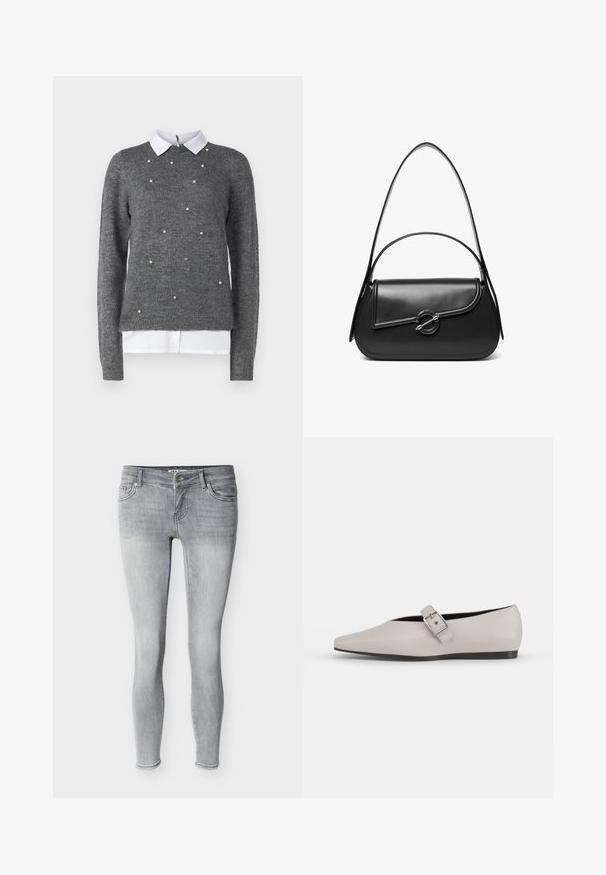 Suéter gris con un cuello redondo, mangas largas y una camisa blanca con cuello debajo. Decorado con acentos dispersos similares a perlas. Textura suave.; Jeans ajustados de mezclilla gris claro, con un diseño clásico de cinco bolsillos, trabillas para cinturón y cierre con cremallera y botón plateado.; Zapato plano de cuero beige con punta afilada, un detalle de hebilla lateral y suela negra baja. Textura suave y diseño minimalista.; Bolso de hombro de cuero negro con una solapa curva asegurada por un broche metálico redondo y una correa delgada y ajustable.