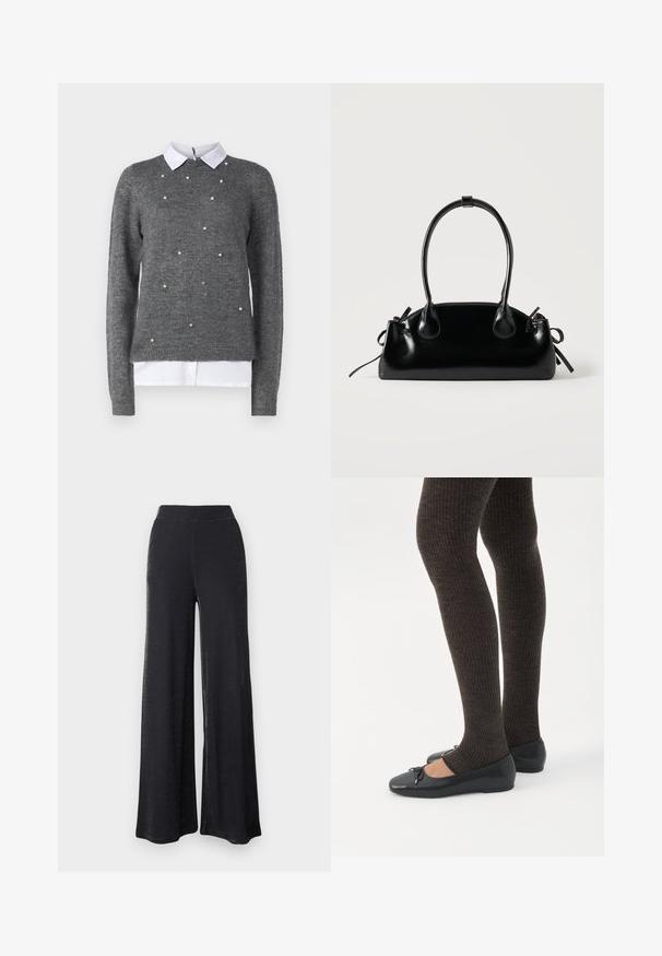 Suéter gris con un cuello redondo, mangas largas y una camisa blanca con cuello debajo. Decorado con acentos dispersos similares a perlas. Textura suave.; Pantalones anchos negros hechos de un material suave y elástico con un brillo sutil, que cuentan con una cinturilla elástica y un ajuste holgado.; Piernas con leggings oscuros acanalados combinados con bailarinas negras que presentan pequeños detalles de lazo sobre un fondo blanco.; Pequeño bolso negro brillante con dos asas largas y detalles de cordón lateral sobre un fondo claro liso.