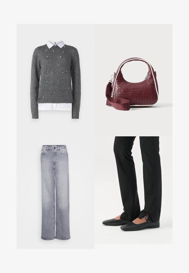 Grijze sweater met een ronde halslijn, lange mouwen en een wit overhemd met kraag eronder. Versierd met verspreide parelachtige accenten. Zachte textuur.; ONLY Tall ONLJUICY WIDE LEG - Wide leg - medium grey denim; Benen met zwarte smalle broek met voorsplitten aan de zoom, gecombineerd met zwarte platte Mary Jane-schoenen met een klein gespje.; Donkerrode geweven leren handtas met gebogen handvat, witte bies, zilveren rits en afneembare brede stoffen schouderriem tegen een effen achtergrond.