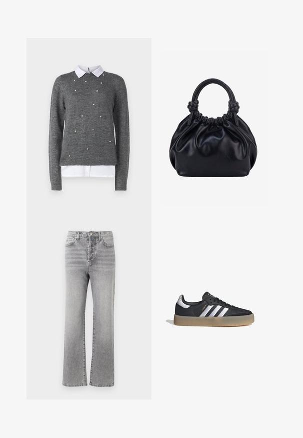 Suéter gris con un cuello redondo, mangas largas y una camisa blanca con cuello debajo. Decorado con acentos dispersos similares a perlas. Textura suave.; Jeans de mezclilla gris con un diseño de pierna recta, cintura de altura media, estilo de cinco bolsillos y un ligero desgaste para dar textura. Detalles de botón metálico y costuras.; Zapatilla deportiva de cuero negro con tres rayas plateadas, punta texturizada y suela de goma. Cuenta con un collar acolchado y un diseño con cordones.; Bolso de mano de cuero negro suave con parte superior fruncida y dos asas gruesas atadas en nudos sobre un fondo claro y liso.