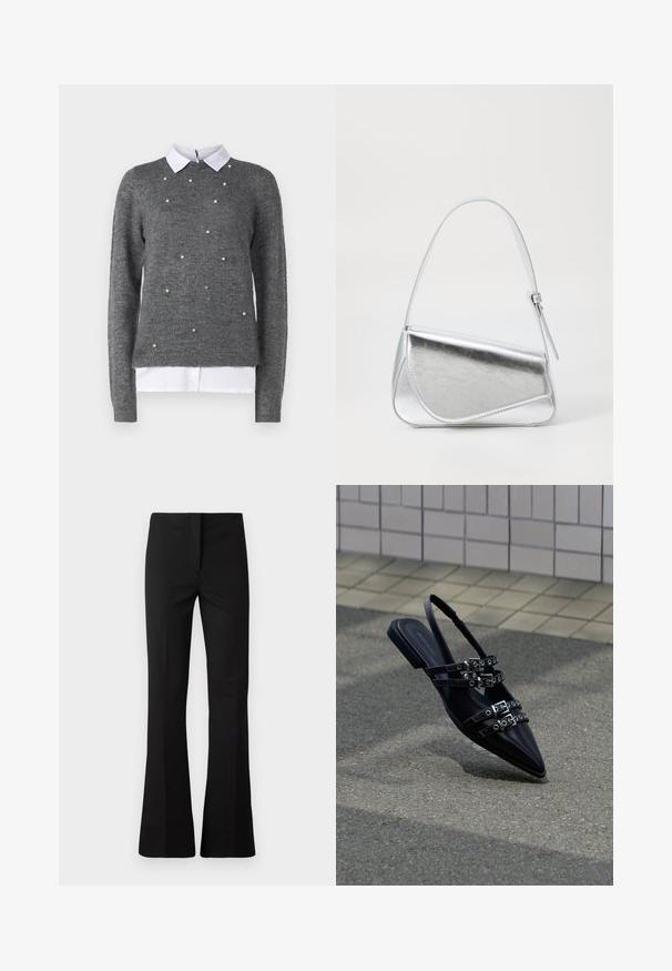 Suéter gris con un cuello redondo, mangas largas y una camisa blanca con cuello debajo. Decorado con acentos dispersos similares a perlas. Textura suave.; Pantalones de campana negros hechos de una tela suave. Presentan un corte ajustado, pliegue frontal y una cremallera oculta para el cierre.; Sandalia plana negra de punta afilada con varias correas con hebillas y talón descubierto, situada sobre una superficie pavimentada y con un fondo de muro de azulejos.; Bolso de mano metálico plateado con forma triangular, textura suave y una fina correa de hombro ajustable. Presenta un diseño plegable con costuras.