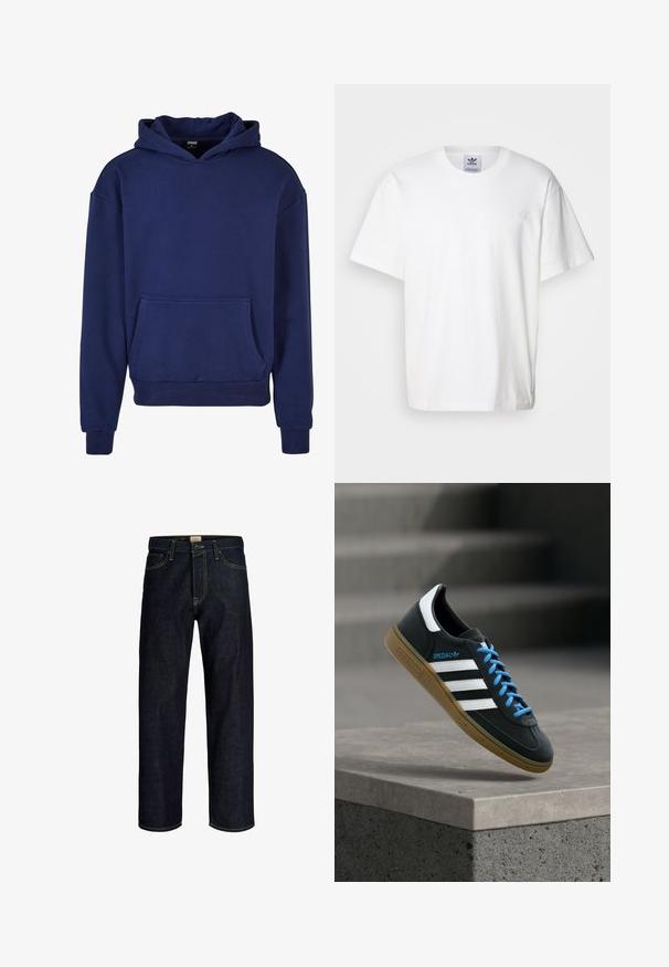 Sudadera azul marino hecha de tejido suave, con un gran bolsillo frontale, puños y dobladillo acanalados, y capucha con cordón.; Camiseta de algodón blanca con cuello redondo y mangas cortas. Presenta un pequeño logotipo bordado en el pecho. Diseño simple y clásico.; Vaqueros azul oscuro de pierna recta con costuras amarillas, cierre frontal de botón y cremallera, y diseño de cinco bolsillos.; Zapatilla negra Adidas con franjas blancas, cordones azules y suela de goma flotando sobre un escalón de hormigón gris con luz suave.