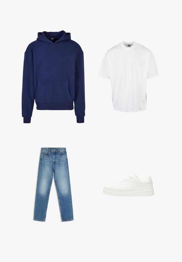 Mørkeblå hoodie lavet af blødt stof, med en stor frontlomme, ribbede manchetter og nederkant samt en hætte med snore.; Hvid bomulds T-shirt med en afslappet pasform, korte ærmer og rund halsudskæring, med en lige kant og ingen synlige grafikker eller mønstre.; Blå denimjeans med høj talje, forreste knap og lynlås, to forlommer og falmede områder på lår og knæ.; Hvid sneaker med en glat læderoverdel, flade snørebånd og en tyk gummisål. Minimalistisk design med diskret syning og glatte detaljer.