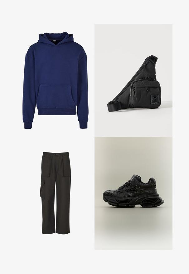 Sudadera azul marino hecha de tejido suave, con un gran bolsillo frontale, puños y dobladillo acanalados, y capucha con cordón.; Urban Classics TECHNICAL - Pantalones cargo - black; Zapatilla deportiva negra y gruesa con diseño texturizado, suela gruesa y cierre de cordones mostrada sobre un fondo neutro y sencillo.; Bolso bandolera negro de Calvin Klein con correa ajustable, bolsillo frontal con cremallera y sutil estampado de logo sobre un fondo liso.