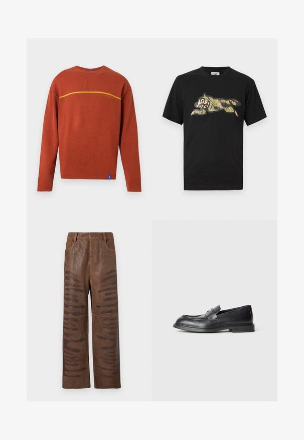 Pull en maille orange rouille à manches longues avec une ligne horizontale jaune sur la poitrine et une petite étiquette bleue sur l'ourlet inférieur.; T-shirt en coton noir avec un motif camouflage vert et beige représentant un animal sautant, aux contours marqués et aux traits du visage exagérés.; Pantalons en simili cuir marron avec une finition texturée, dotés de découpes horizontales allongées le long des côtés et d'un design à jambes droites.; Mocassins en cuir noir avec une finition texturée, dotés d'une bride décorative à l'avant et d'un bout arrondi. Semelle en caoutchouc pour plus de durabilité.