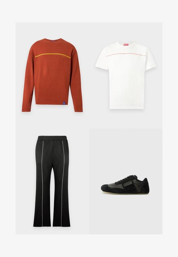 Pull en maille orange rouille à manches longues avec une ligne horizontale jaune sur la poitrine et une petite étiquette bleue sur l'ourlet inférieur.; T-shirt Diesel blanc à manches courtes avec une fine ligne rouge traversant la poitrine et une étiquette logo Diesel rouge au niveau de l'encolure.; Pantalon de sport noir avec une taille cintrée, doté de bandes blanches sur les côtés et d'une coupe évasée aux jambes. Fabriqué en tissu doux et extensible.; Baskets noires en suède et cuir. Présentent un profile bas, un bout arrondi, un design à lacets et des accents texturés. Les semelles ont une texture antidérapante.