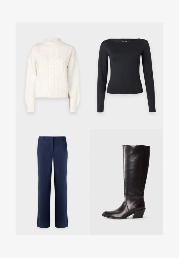 JDY JDYSUSANNA PULLOVER - Neule - whitecap gray; Musta pitkähiha-paita pyöreällä pääntiellä, joustavasta kankaasta, vartalonmyötäisellä leikkauksella ja sileällä pinnalla.; Merensinisenä suorat housut, joissa vyölenkit ja piilotettu etuvetoketju, esitetty vaaleaa taustaa vasten.; Polviin asti ulottuva, tummanruskea nahkasaapas, jossa on terävä kärki, kulmikas korko ja sileä, kiiltävä pinta. Sisältää siistin muotoilun ja ommeltuja yksityiskohtia.