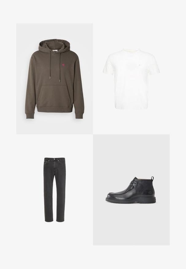 Sudadera gris con capucha, bolsillo frontal, cordón y un pequeño logotipo rosa en el pecho. Tejido suave con puños y dobladillo acanalados.; Camiseta blanca de manga corta con cuello redondo y pequeño logo "ck" bordado en el pecho izquierdo.; Vaqueros negros de corte recto con cierre delantero de botón y cremallera, bolsillos delanteros y traseros, mostrados sobre fondo blanco.; Botas de cuero negras hasta el tobillo con punta redondeada, diseño con cordones y una lengüeta en la parte trasera. Parte superior texturizada y suela de goma.