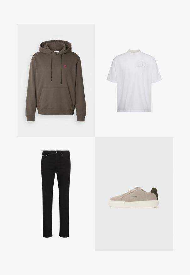 Sudadera gris con capucha, bolsillo frontal, cordón y un pequeño logotipo rosa en el pecho. Tejido suave con puños y dobladillo acanalados.; Camiseta blanca de manga corta con cuello alto simulado, con un sutil logo "ck" en relieve en el pecho izquierdo.; Vaqueros negros ajustados con botón delantero, trabillas para el cinturón y bolsillos delanteros visibles, mostrados sobre un fondo blanco.; Zapatillas de piel de ante beige con suela de goma blanca, que presentan un acento en el talón de color verde oscuro y un sutil logo en el lateral.