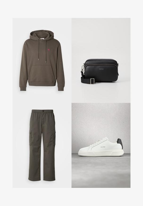 Sudadera gris con capucha, bolsillo frontal, cordón y un pequeño logotipo rosa en el pecho. Tejido suave con puños y dobladillo acanalados.; Pantalones cargo en gris oscuro con cintura elástica, dos bolsillos laterales y un corte relajado. Fabricados con un tejido duradero y de textura suave.; Zapatillas blancas con parte superior de cuero liso, cordones planos y suela blanca elevada. Presentan un acento negro en el talón y logotipo en relieve.; Bolso bandolera de cuero negro con dos compartimentos con cremallera, acabado texturizado, correa ajustable y acentos de hardware en plata. Logo de Calvin Klein exhibido.