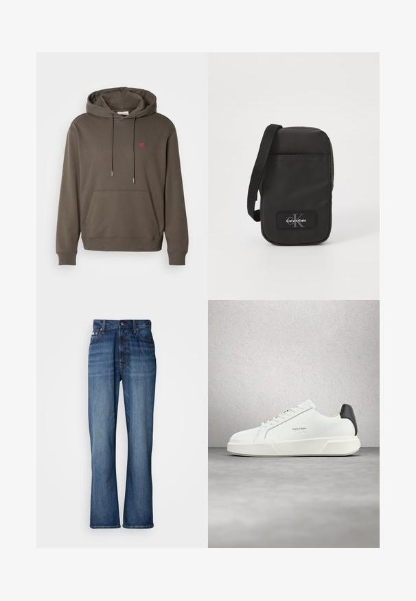 Grå hættetrøje med frontlomme, snor og et lille lyserødt logo på brystet. Blødt stof og ribbede manchetter og kant.; Blå denimjeans med høj talje, flagrende ben, fem-lommers design og tonal syning. Har en knaplukning og nitterede lommer.; Hvide sneakers med en glat læderoverdel, flade snørebånd og en forhøjet hvid sål. Har en sort detalje ved hælen og et præget logo.; Sort nylon crossover taske med rektangulær form, rem og et logo-patch foran. Glat tekstur, minimalistisk design og lynlåslukning.