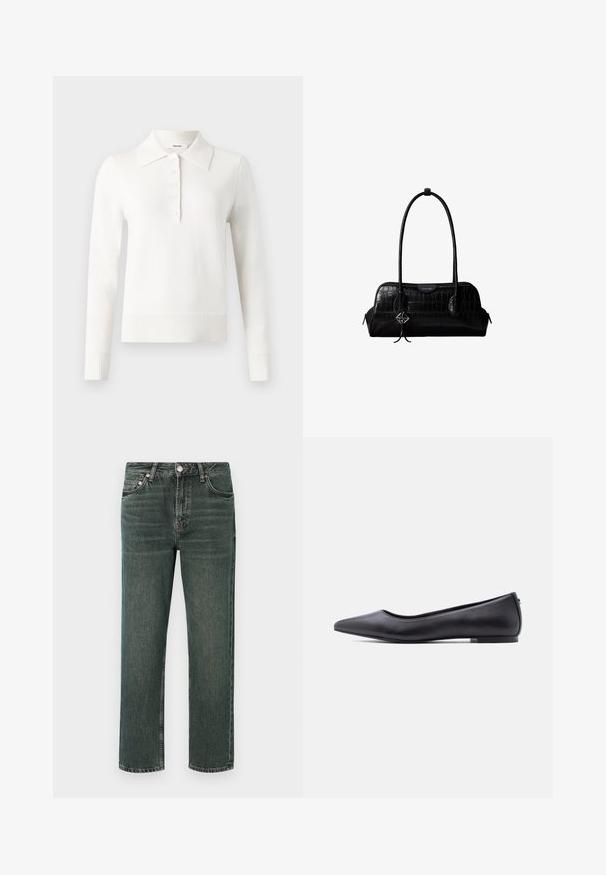 Polo en tricot à manches longues blanc avec col plat, patte de boutonnage, poignets côtelés et ourlet, fabriqué dans un tissu tricoté doux.; Jean en denim vert foncé à coupe droite, présentant un design classique à cinq poches, des coutures visibles et une fermeture à bouton à la taille.; Chaussure plate en cuir noire à bout pointu avec petit talon, vue de profil sur fond blanc.; Sac à épaule en cuir noir à texture crocodile, avec de longues sangles et un petit charm logo argenté sur une sangle.