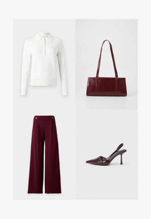 Polo en tricot à manches longues blanc avec col plat, patte de boutonnage, poignets côtelés et ourlet, fabriqué dans un tissu tricoté doux.; Pantalon à jambes larges et taille haute en tissu bordeaux foncé avec une ceinture ajustée ornée de deux boutons dorés.; Escarpin slingback en cuir verni bordeaux avec bout pointu, fine bride à la cheville et petit détail décoratif de boucle. Texture lisse et talon haut.; Sac à main bordeaux en matériau brillant, de forme rectangulaire, avec deux anses et des accents légèrement courbés à l'avant.