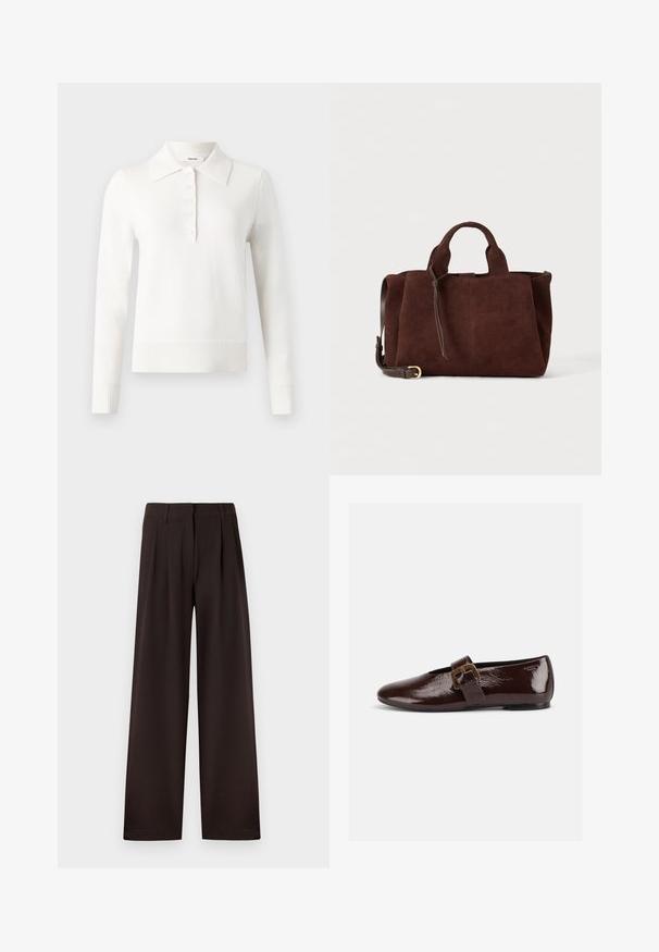 Polo en tricot à manches longues blanc avec col plat, patte de boutonnage, poignets côtelés et ourlet, fabriqué dans un tissu tricoté doux.; Pantalon marron foncé à jambes larges avec plis et passants pour ceinture, doté d'une fermeture éclair avant et d'un ourlet net sur un fond uni.; Chaussure plate en cuir verni marron foncé avec une large bride à boucle dorée et un bout arrondi, présentée de profil sur fond blanc.; Sac à main en daim brun foncé avec des poignées courtes, une bandoulière amovible avec boucle dorée, et un simple détail pompon sur un fond uni.