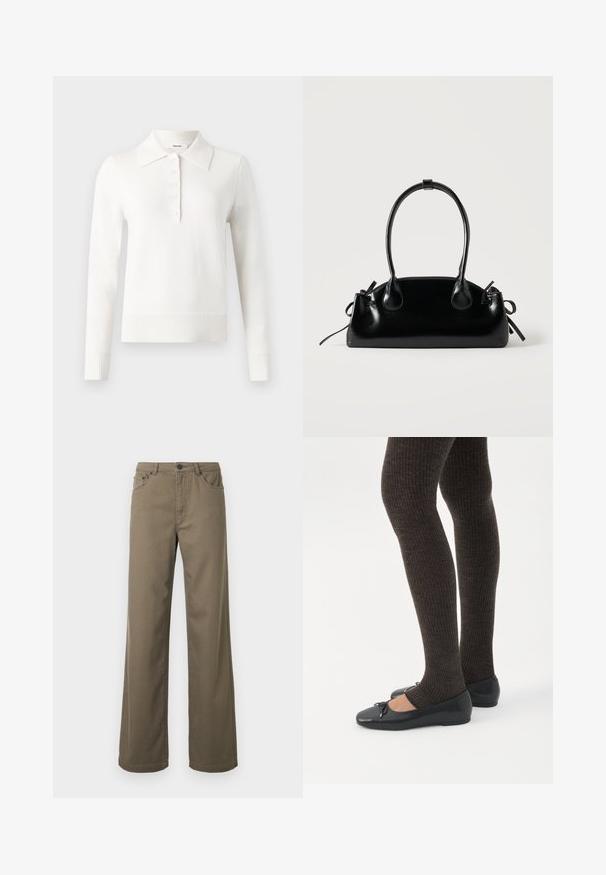 Polo en tricot à manches longues blanc avec col plat, patte de boutonnage, poignets côtelés et ourlet, fabriqué dans un tissu tricoté doux.; Pantalon à jambes larges en coton vert olive, doté d'une fermeture à boutons, de passants pour ceinture, et d'un design à cinq poches avec une texture lisse et durable.; Jambes portant des leggings côtelés foncés associés à des ballerines noires avec de petits détails en nœud sur fond blanc.; Petit sac à main noir brillant avec deux longues anses et des détails à cordon sur les côtés sur un fond clair uni.