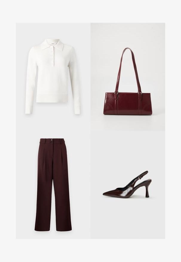 Polo en tricot à manches longues blanc avec col plat, patte de boutonnage, poignets côtelés et ourlet, fabriqué dans un tissu tricoté doux.; Pantalons évasés en bordeaux foncé, avec une taille haute, deux plis à l'avant et une fermeture à deux boutons. Fabriqués en tissu texturé.; Talons slingback en cuir verni brun avec un bout pointu, un talon fin, et une sangle réglable avec une petite boucle.; Sac à main bordeaux en matériau brillant, de forme rectangulaire, avec deux anses et des accents légèrement courbés à l'avant.