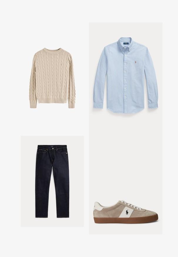 Jersey beige de punto grueso con cuello redondo, mangas largas, puños y bajo acanalados, con patrones texturizados por todo el tejido.; Camisa azul claro de manga larga con rayas verticales blancas y un pequeño logotipo bordado de Polo Ralph Lauren en el pecho izquierdo.; Vaqueros rectos de índigo oscuro con cinco bolsillos, cierre de botón y cremallera, y costuras naranjas en contraste sobre un fondo liso.; Zapatilla beige de ante con corte bajo, cordones blancos, detalle de piel blanca con logo de caballo negro y suela de goma marrón.