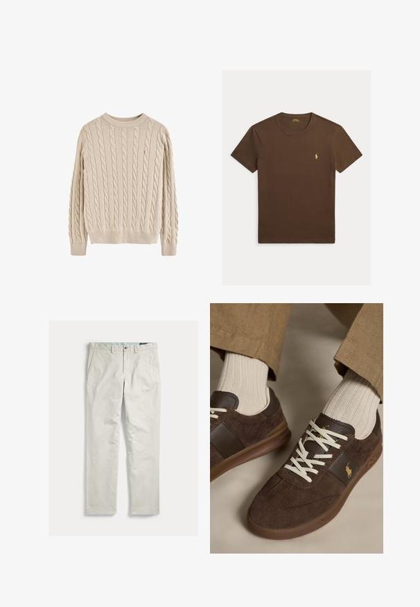 Jersey beige de punto grueso con cuello redondo, mangas largas, puños y bajo acanalados, con patrones texturizados por todo el tejido.; Camiseta marrón de manga corta con cuello redondo y pequeño logotipo amarillo de Polo Ralph Lauren en el pecho izquierdo.; Pantalones de pierna recta color beige claro con bolsillos delanteros, trabillas para cinturón y cierre con botón, mostrados extendidos sobre un fondo blanco.; Zapatillas de ante marrón con cordones blancos, usadas con calcetines beige con canalé y pantalones marrón claro.