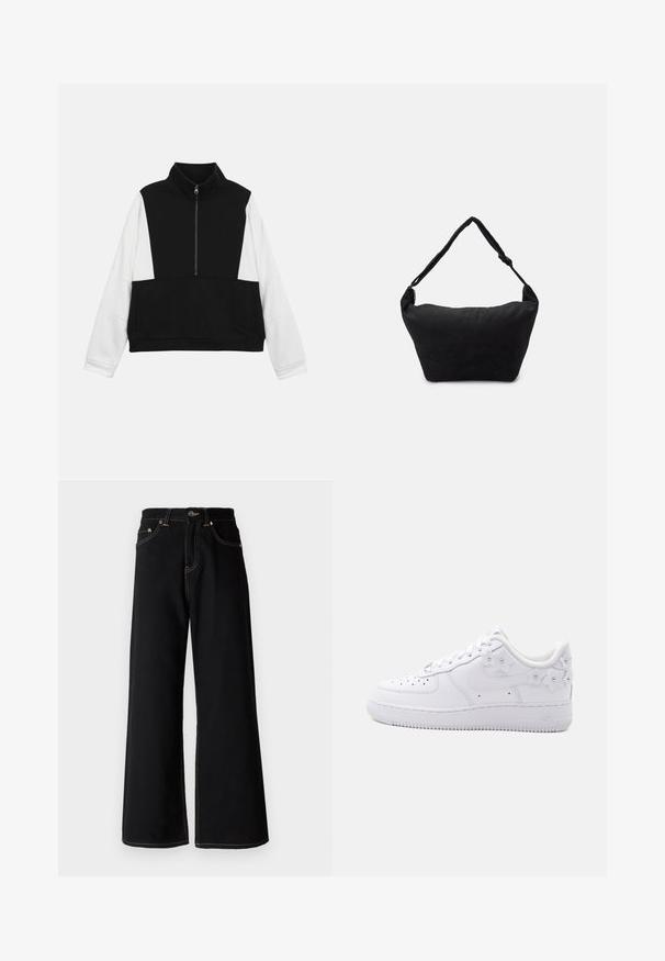 Pull noir et blanc à manches longues avec une fermeture éclair sur le devant jusqu'au milieu et un col haut, corps noir et manches blanches.; Jean large noir en denim, avec des coutures jaunes contrastantes, cinq poches et une fermeture à boutons à la taille.; Baskets basses blanches avec embout perforé, swoosh Nike et accents floraux blancs décoratifs au talon et sur le côté.; Sac à épaule en tissu noir avec une surface texturée douce, de forme arrondie et une seule sangle. Design minimaliste sans accessoires ni quincaillerie visibles.