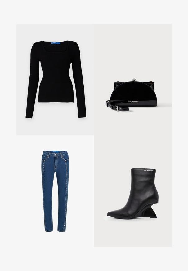 Top de punto acanalado negro de manga larga con escote cuadrado y diseño ajustado, que presenta una tela texturizada y sin hardware o acentos visibles.; Vaqueros de mezclilla en azul oscuro con corte recto, que presentan costuras en contraste y tachuelas decorativas a lo largo de las costuras laterales y los bolsillos delanteros.; Botín negro de cuero con tacón curvado y esculpido y logo de Karl Lagerfeld cerca del borde superior sobre un fondo blanco.; Bolso de mano negro brillante en forma de media luna con cierre de marco plateado y correa ajustable, con el logo de Karl Lagerfeld en la parte frontal.
