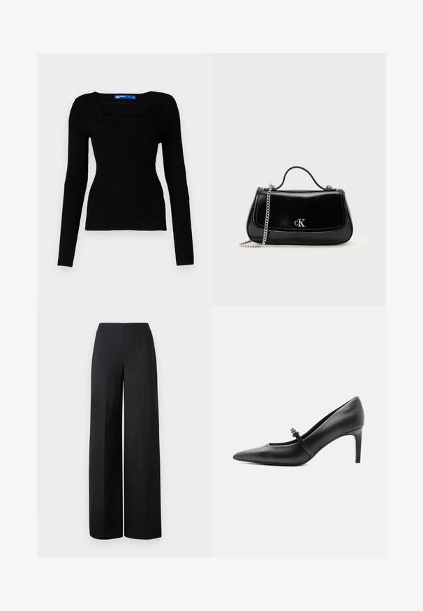 Top de punto acanalado negro de manga larga con escote cuadrado y diseño ajustado, que presenta una tela texturizada y sin hardware o acentos visibles.; Pantalones de pierna ancha negros, hechos de una tela suave. Presentan una cinturilla alta y líneas rectas y limpias sin bolsillos visibles ni adornos.; Zapato de tacón alto de cuero negro con punta puntiaguda, con tira fina y hebilla sobre el empeine, sobre fondo claro y neutro.; Bolso de mano de cuero negro con correa de cadena, forma estructurada y un acento de logo plateado. Textura suave con cierre de solapa.