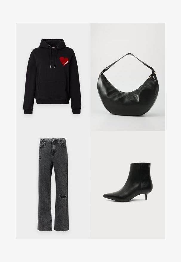 Sweat à capuche noir avec une poche avant, cordon de serrage réglable et un graphique en forme de cœur rouge avec le mot "FUTURE" en blanc. Tissu doux et texturé.; Jean à jambes larges en denim noir vieilli, avec un détail déchiré au genou, un ourlet effiloché et une braguette à boutons standard avec poches.; Bottine en cuir noir avec bout pointu et petit talon kitten sur fond clair, vue côté extérieur.; Sac à épaule en cuir noir, de forme courbée, avec une texture douce et une seule sangle; il comporte une fermeture éclair dorée et un logo discret.