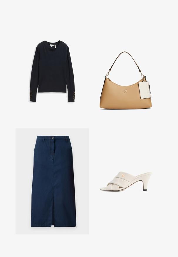 Pull en tricot bleu marine à manches longues avec un col rond et des boutons décoratifs aux poignets. Texture lisse et coupe ajustée.; Jupe en denim bleu marine avec une fente à l'avant, fermeture à boutons et passants de ceinture. Design à coupe droite avec une texture lisse.; Mules à talons hauts beiges avec un design de bride en cuir torsadé, bout ouvert et motif de logo en relief. Le talon présente un détail d'embout noir.; Sac à bandoulière en cuir marron clair avec fermoir doré et petite pochette blanche attachée, arborant un logo "TH" doré subtil à l'avant.