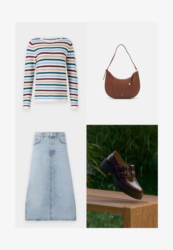 TOM TAILOR NEW OTTOMAN - Svetrík - teal-colored; Svetlomodrá denim midi sukňa s predným zapínaním na gombíky a zips, bočnými vreckami a pútkami na opasok, vystavená na bielej pozadí.; Tmavohnedá kožená topánka s dvojitými prackami, perforovanými detailmi a hrubou čiernou podrážkou, visiaca nad dreveným stolom vonku.; Hnedá umelá kožená taška cez rameno s zakriveným tvarom, minimalistickým šitím a zlatými akcentami. Obsahuje zips na vrchu a nastaviteľný popruh.